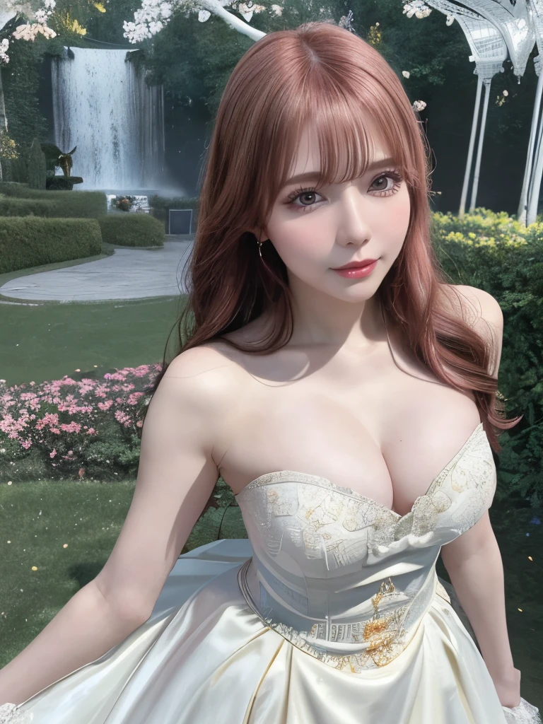 ((Masterpiece:1.2, highest quality)), Hyperrealistic, Super detailed, Ultra-precise depiction, Ultra-detailed depiction, Wearing an elegant dress, (walk in the park:1.2), (Dynamic pose), (Abstract background:1.5), Ultra-high resolution, Wavy long hair, Pink Hair, One girl, colorful, Portraiture, (From above:1.2), Cinema Lighting, Depth of written boundary,