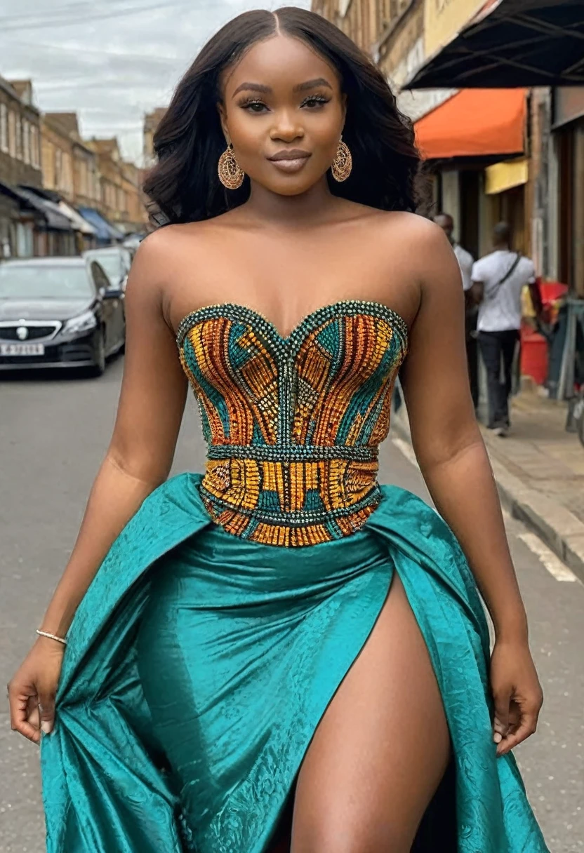 (high quality:1.5), (8k), (extremely detailed), (High detail:1.2), (art of work), Solo, 24 year old African female, (in street), (dress strapless),