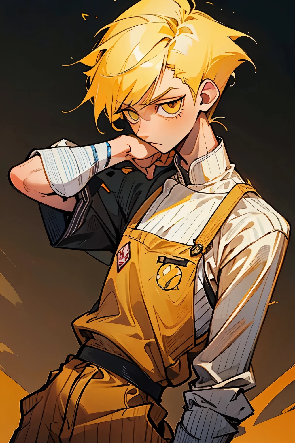 1kpop boy, slim body,fade cuted side yellow hair(hunter style), wears chef clothes yellow stripe upper