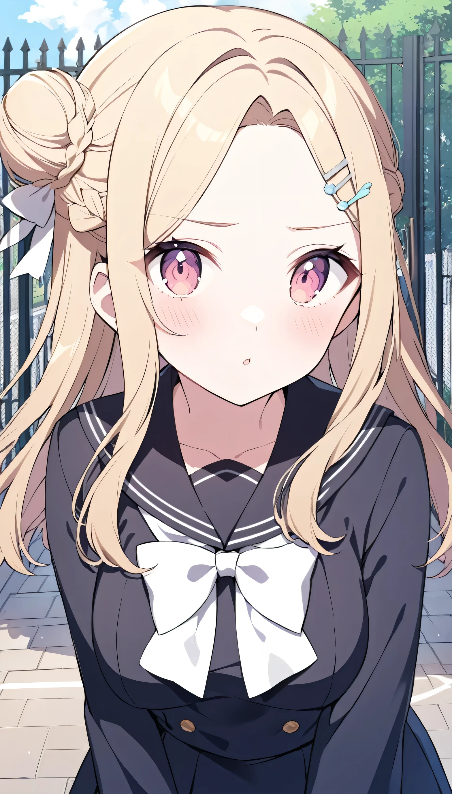 Noka Sasahara，Blonde Hair，Parted bangs，Hairpin，White bow，French Braid，Half bun，Medium breast，School gate background