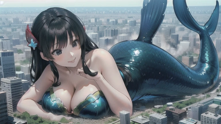 (1 Mermaid:1.5),,(Smile Beam:1.5),(whole body),((Huge breasts:1.6)),(垂れ下がったHuge breasts:1.6), ((Cleavage:1.5)),,, 40 years old,masterpiece,super high quality, Very detailed,Perfect photo,3D,8k,High resolution,Enchanting anime mermaid, Medium Hair:1.3,Black Hair,(black eye:1.5),Sporty hairstyles,Smooth anime CG art,Huge breasts、Realistic、Perfect body line、aerial photograph、aerial photograph、Destroying the city with a smile、 (A giant mermaid bigger than a skyscraper destroys the city of Shibuya:1.5)、cute、Lying mermaid with one straight tail