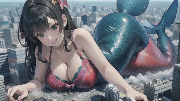 (1 Mermaid:1.5),,(Smile Beam:1.5),(whole body),((Huge breasts:1.6)),(垂れ下がったHuge breasts:1.6), ((Cleavage:1.5)),,, 40 years old,masterpiece,super high quality, Very detailed,Perfect photo,3D,8k,High resolution,Enchanting anime mermaid, Medium Hair:1.3,Black Hair,(black eye:1.5),Sporty hairstyles,Smooth anime CG art,Huge breasts、Realistic、Perfect body line、aerial photograph、aerial photograph、Destroying the city with a smile、 (A giant mermaid bigger than a skyscraper destroys the city of Shibuya:1.5)、cute、Lying mermaid with one straight tail