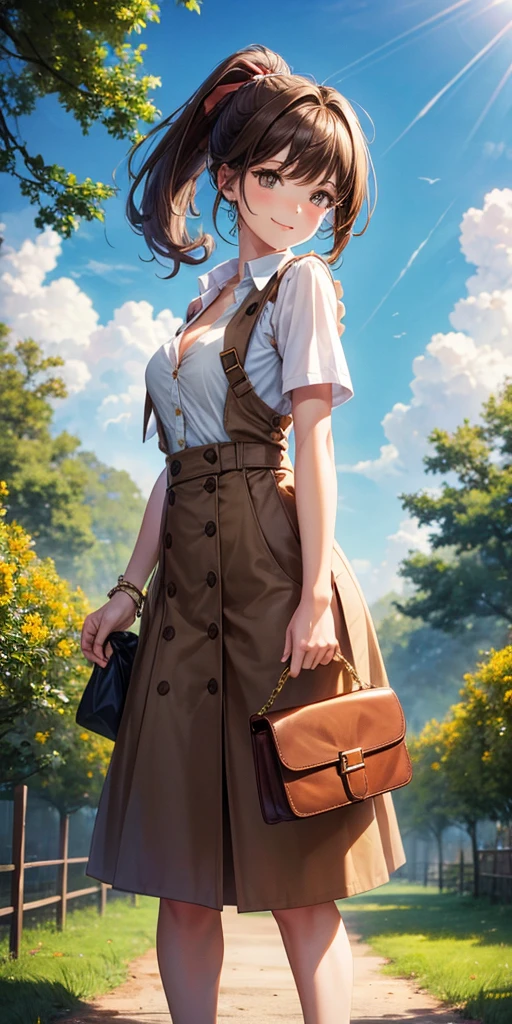 1girl, full body, solo, summer, village, trees, sun, clouds, ((brown hair)), ponytail, large breasts, ((brown vest)), button down shirt, ((white shirt)), ((short sleeved shirt)), ((unbuttoned shirt)), unbuttoning buttons, cleavage 1:3, brown eyes, skirt, smile, looking at the viewer, standing, hair ribbon, golden necklate, shoulder bag