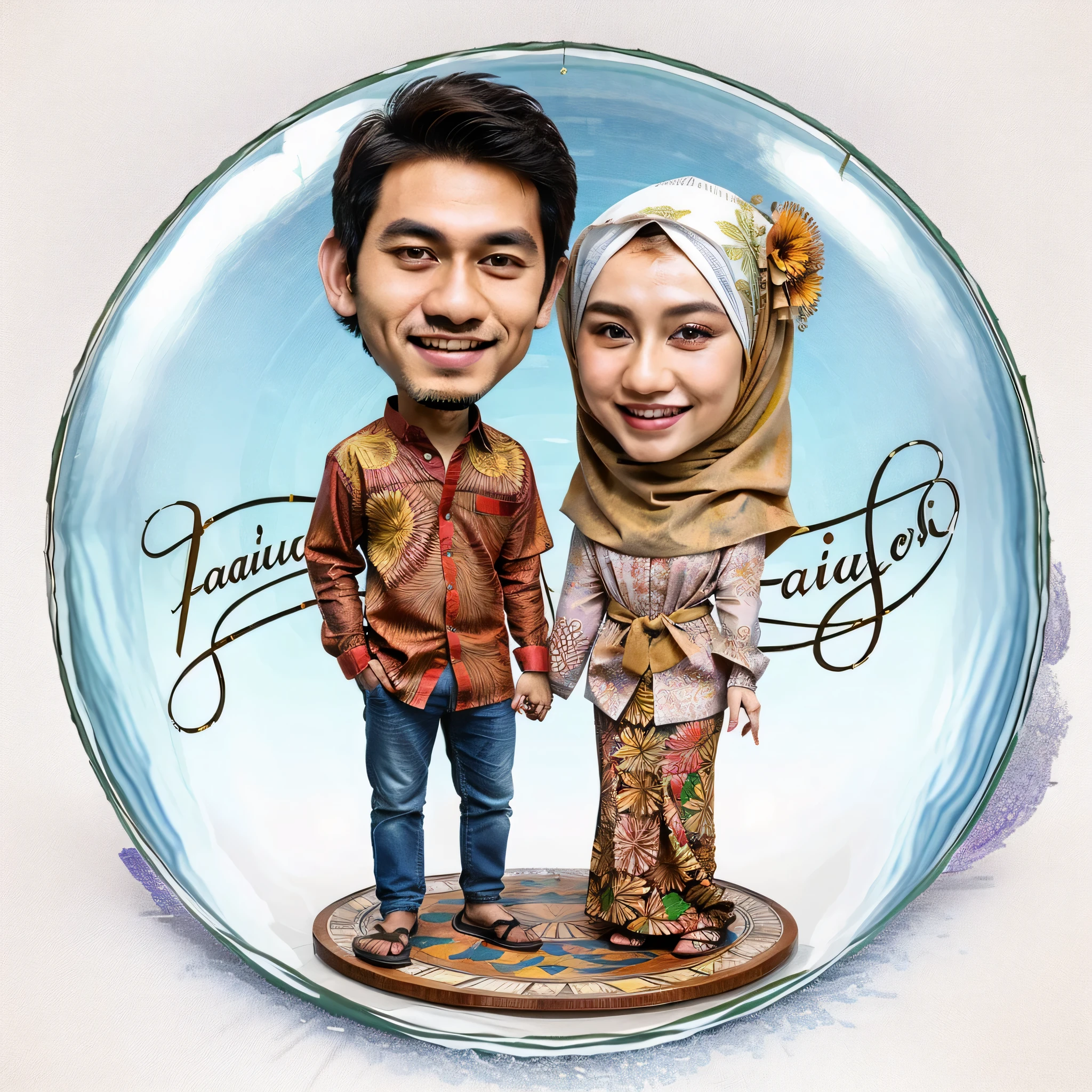 Caricature of a young man wearing typical solo batik and an Indonesian woman wearing a hijab with beautiful couple batik, standing on a circle of crystal glass, with the words "Fauzanaisyah".