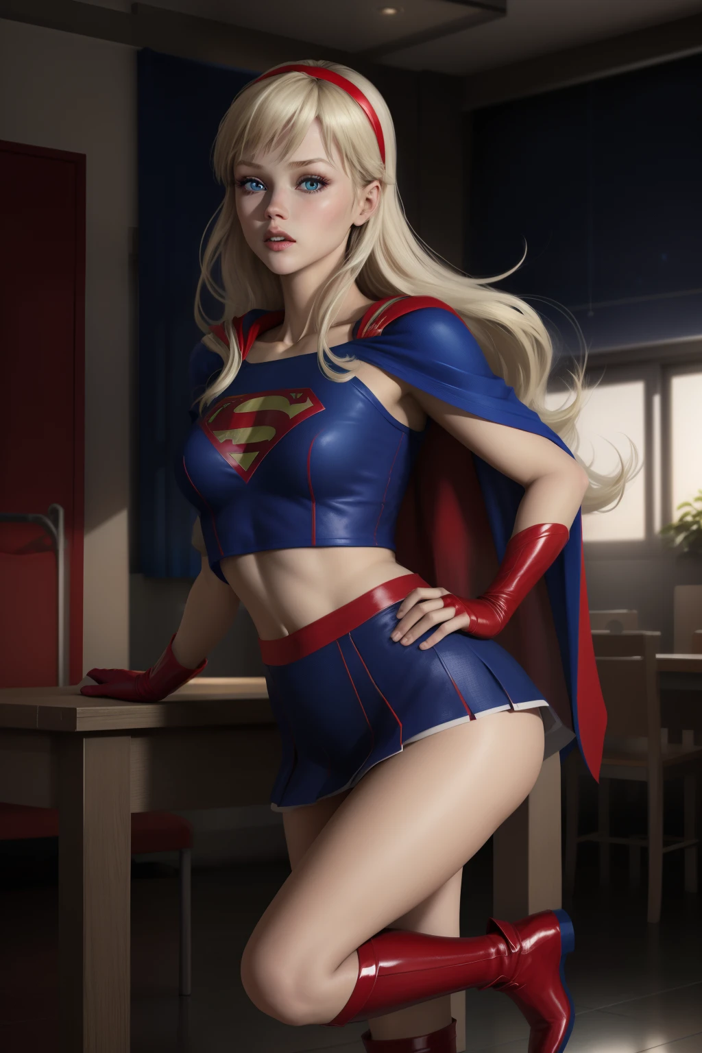 sexy supergirl、Long blonde hair and blue eyes, Black hair band, White crop top, Short sleeve, Red Cape, Blue pencil skirt, Red Boots, White gloves