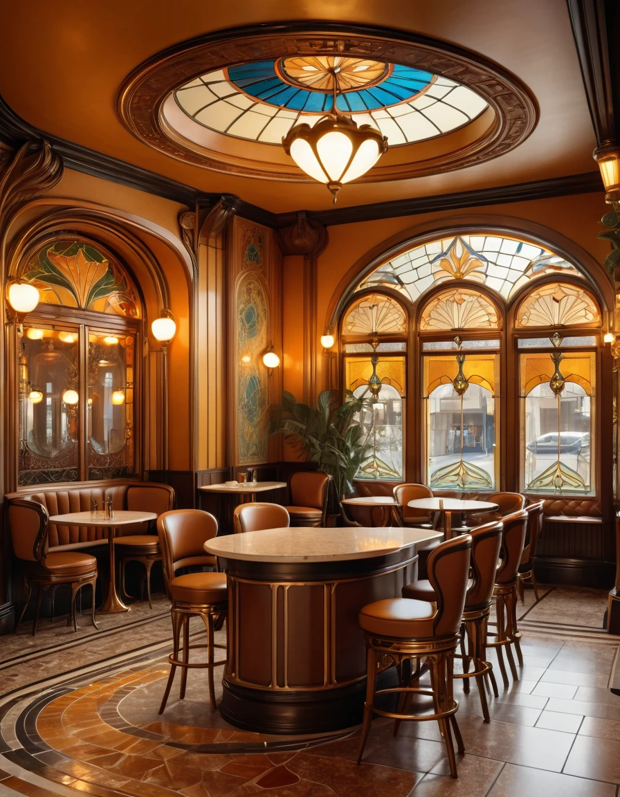 a stunning art nouveau cafe, 1920s-style interior, curved furnishings and architectural details, ornate brass fittings, stained glass windows, tiled floors, dim lighting, warm amber tones, elegant decor, detailed textures, photorealistic, 8k, masterpiece