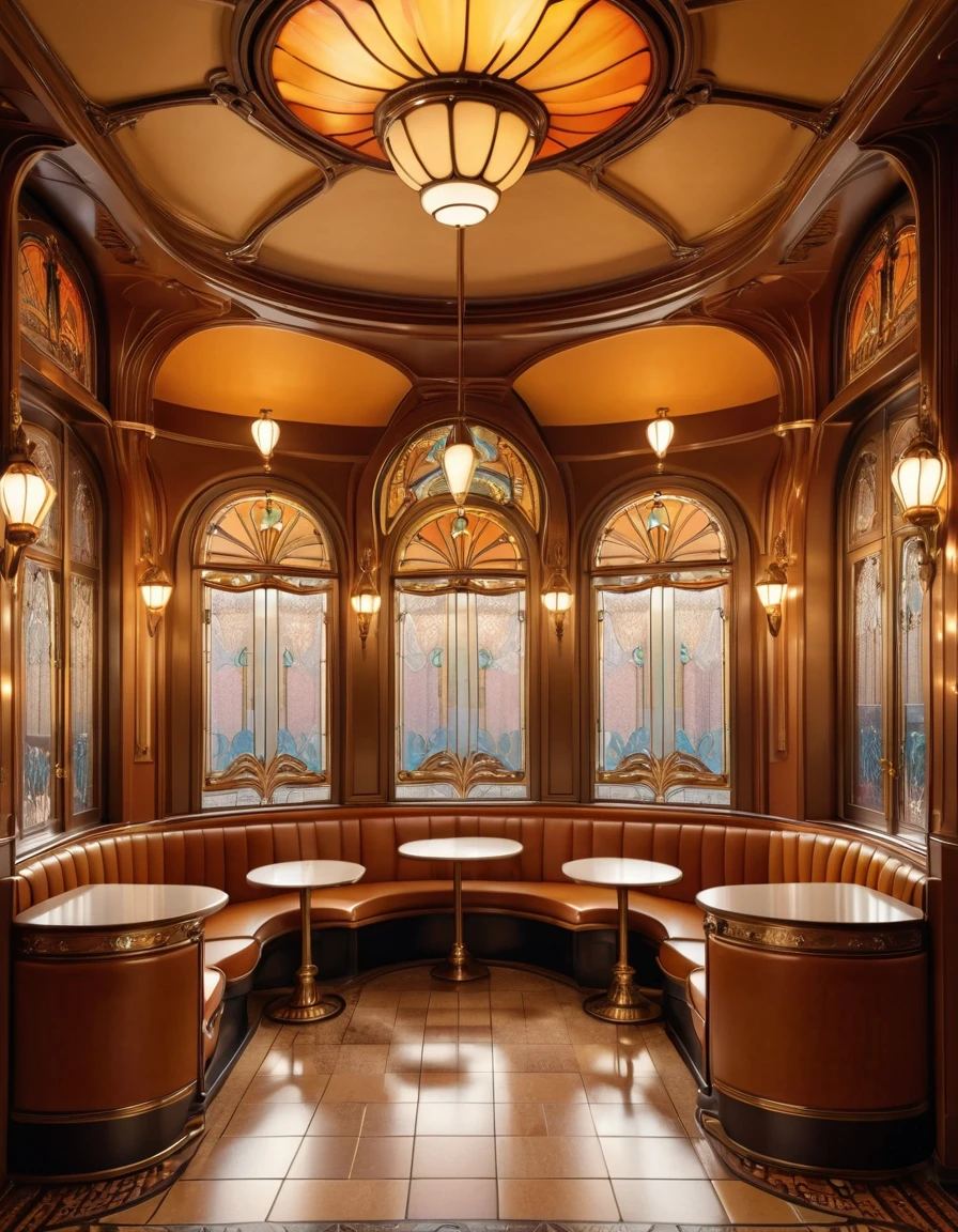 a stunning art nouveau cafe, 1920s-style interior, curved furnishings and architectural details, ornate brass fittings, stained glass windows, tiled floors, dim lighting, warm amber tones, elegant decor, detailed textures, photorealistic, 8k, masterpiece