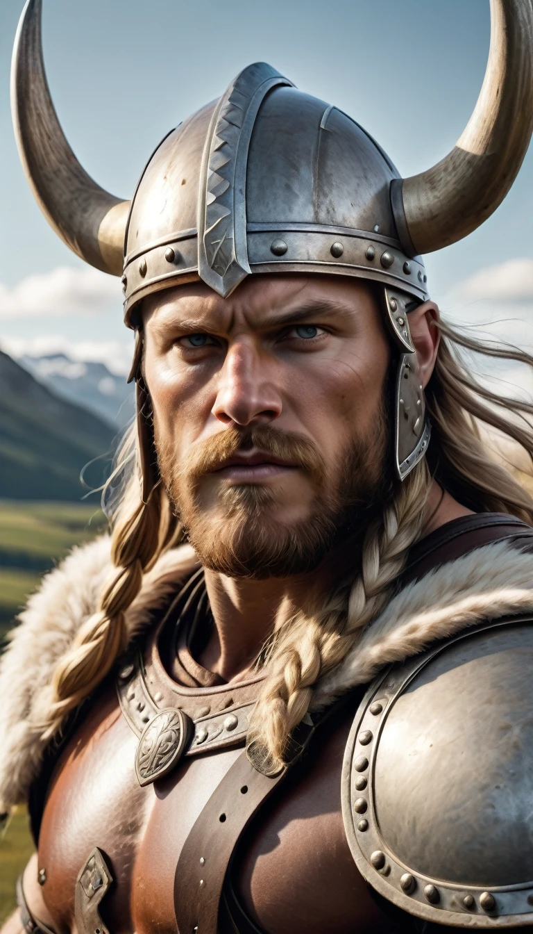 viking warrior, helmet with horns, holding axe, muscular, full height, viking warrior, muscular, full height, looks into camera, realistic, battlefield, (best quality,4k,8k,highres,masterpiece:1.2),ultra-detailed,(realistic,photorealistic,photo-realistic:1.37),dramatic lighting,cinematic composition,highly detailed viking armor,intricate details,detailed facial features,intense gaze,flowing hair, scandinavian landscape
