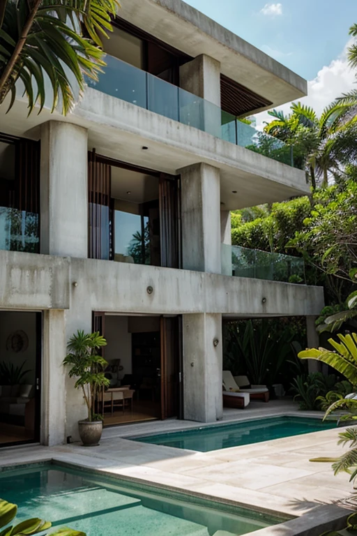 Luxury concrete tropical mansion with greenery
