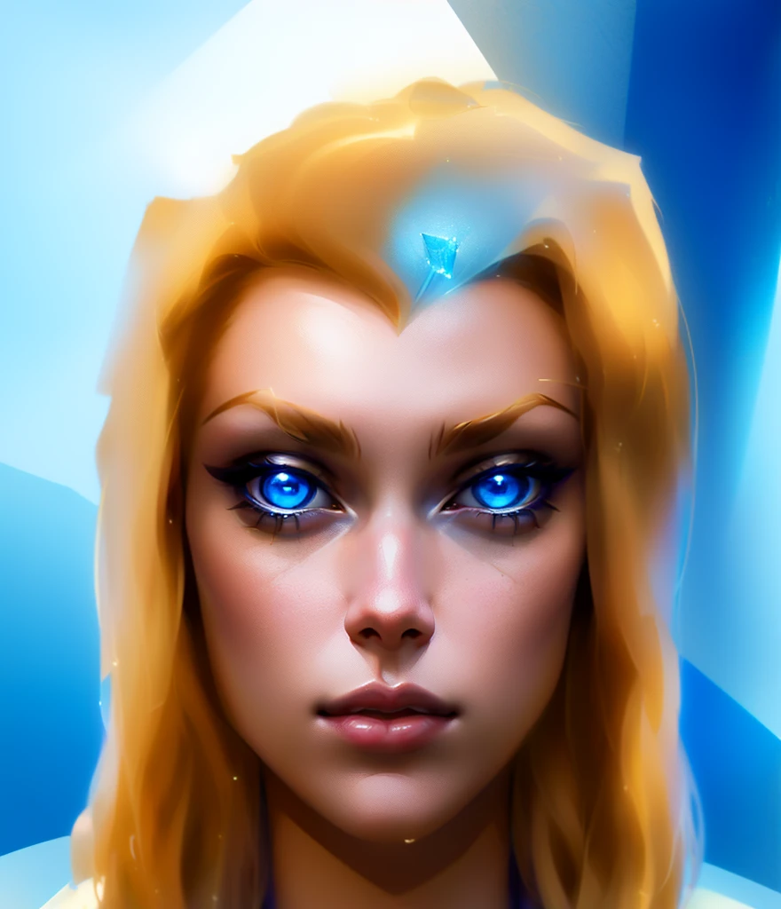master piece, 8 k detail, beautiful girl with blue gem stones as her pupils. glossy lips, pretty face, blonde hair, wet blonde hair, stringy and shinny, white sky, clear background.