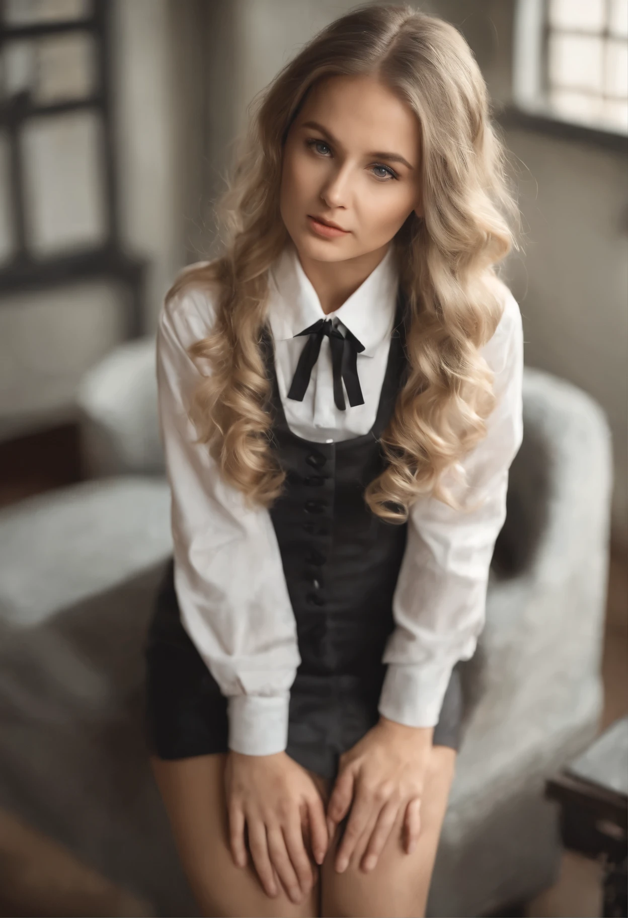 ((best quality,4k,High resolution,masterpiece:1.2)),((Character Concept Art)), 1 female, Adolescent females, Hot high school girl, ((Long hair dyed brown or blonde)), Hairstyles with Multiple Accessories, (Tan skin), Extremely fine eyes (Decorative contact lenses), fashionable, Outgoing, Socially active, slim body, ((Intricate details)), Very delicate hands, Extremely fine fingers(((Ten fingers))), Wearing a white short-sleeved school uniform shirt,bow tie, Gray school skirt, knee high school socks, and black school loafers., Heavy makeup, (casually standing), (Full body display), (revealing the whole body), (No logos on background), (No logo), ((Solid color background)), ((Solid color background)), (((Empty background)))