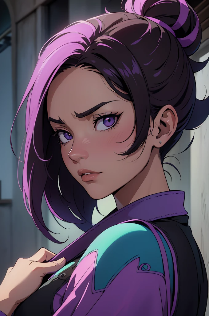 Juri Han, Lutador de rua(parte mestre, melhor qualidade, ultra-detalhado, Melhor sombra), (Antecedentes detalhados, Olhando para o Viewer, serious, irritado), Rosto detalhado, (better lighting), ((cinematic light)), colorido, hiper detalhe, dramatic light, detalhes intrincados
