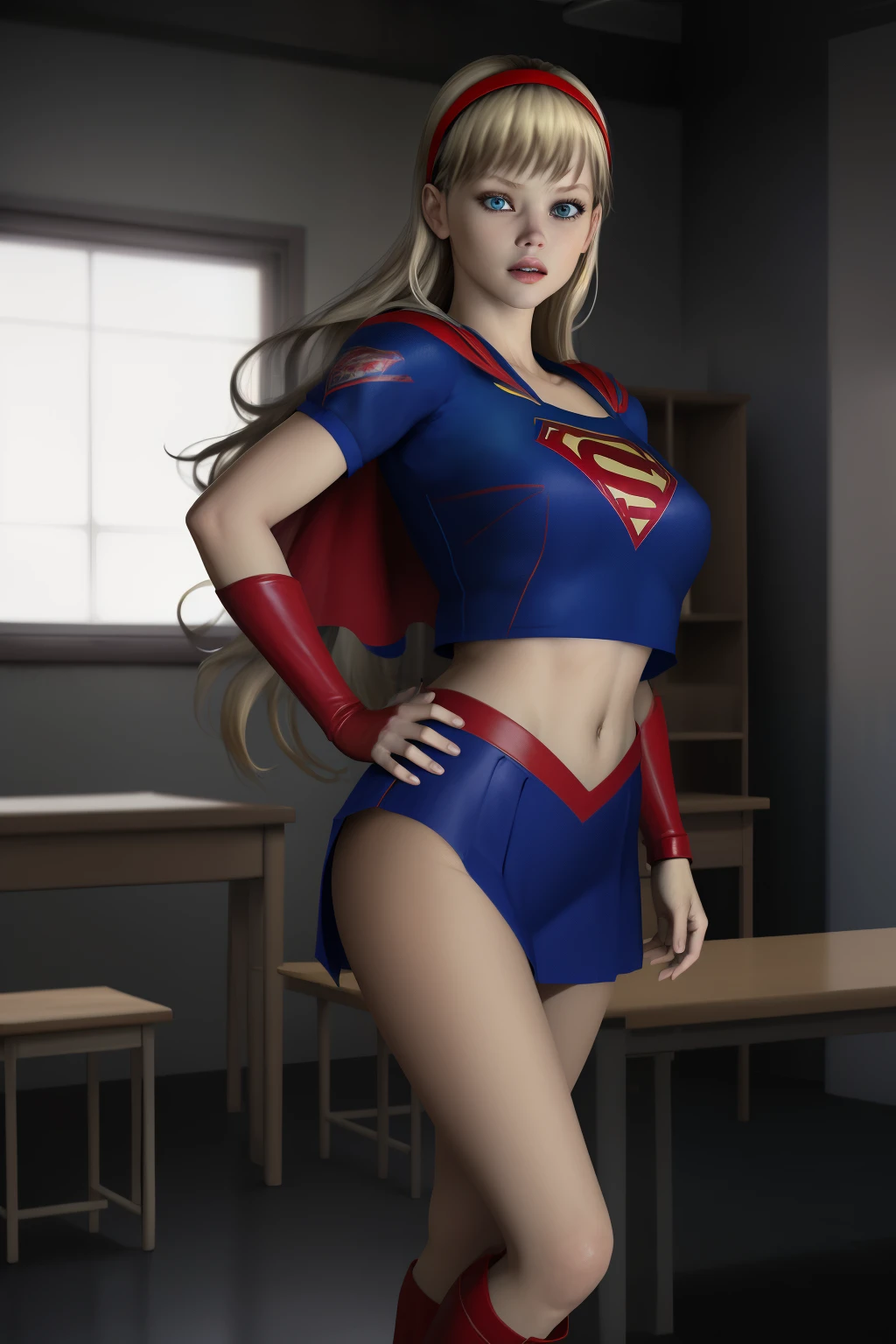 sexy supergirl、Long blonde hair and blue eyes, Black hair band, White crop top, Short sleeve, Red Cape, Blue pencil skirt, Red Boots, White gloves、Japan adult female, , Roll-up style, , Photo Studio Background, Portraiture, snap shot, masterpiece, high quality, high quality, 8k, Best image quality,