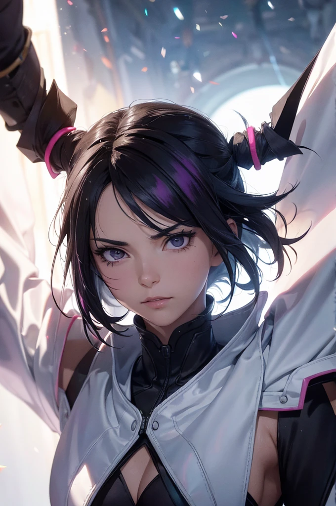 Juri Han, Lutador de rua(parte mestre, melhor qualidade, ultra-detalhado, Melhor sombra), (Antecedentes detalhados, Olhando para o Viewer, serious, irritado), Rosto detalhado, (better lighting), ((cinematic light)), colorido, hiper detalhe, dramatic light, detalhes intrincados