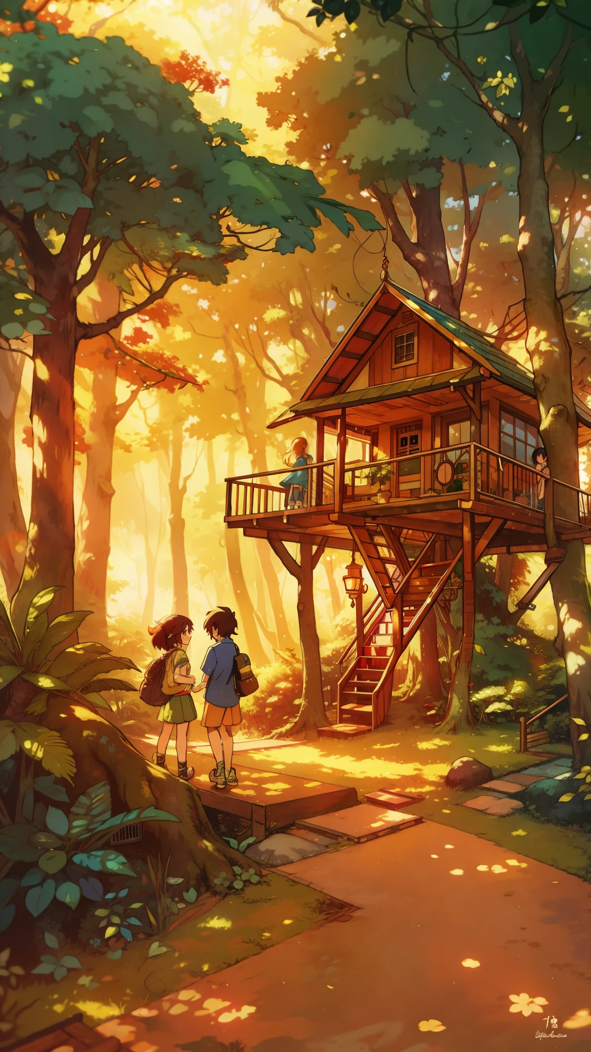 thin outlines, anime style, cool and edgy, A nostalgic scene of adolescents playing in a treehouse in a lush forest, the golden afternoon sunlight filtering through the leaves, creating a magical and joyful ambiance. Whimsical, warm lighting, high detail, nostalgic, fashionable, posing, colorful, confident, expression, accessory, coiled, around, stylish, striking, modern, fashion