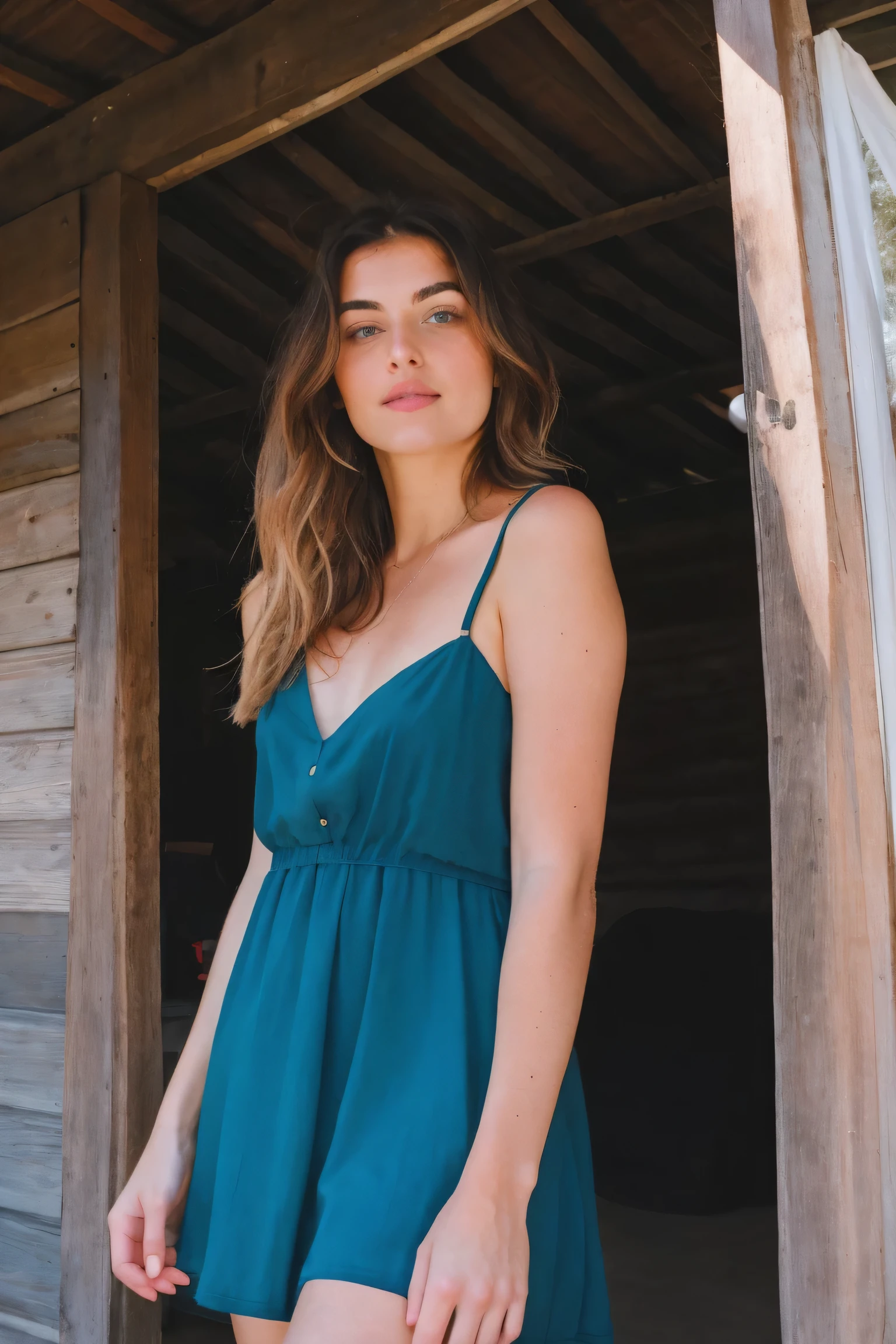 Beautiful young woman with light streaming neatly through her hair., Her summer dress was beautiful and she was standing in front of the hut.