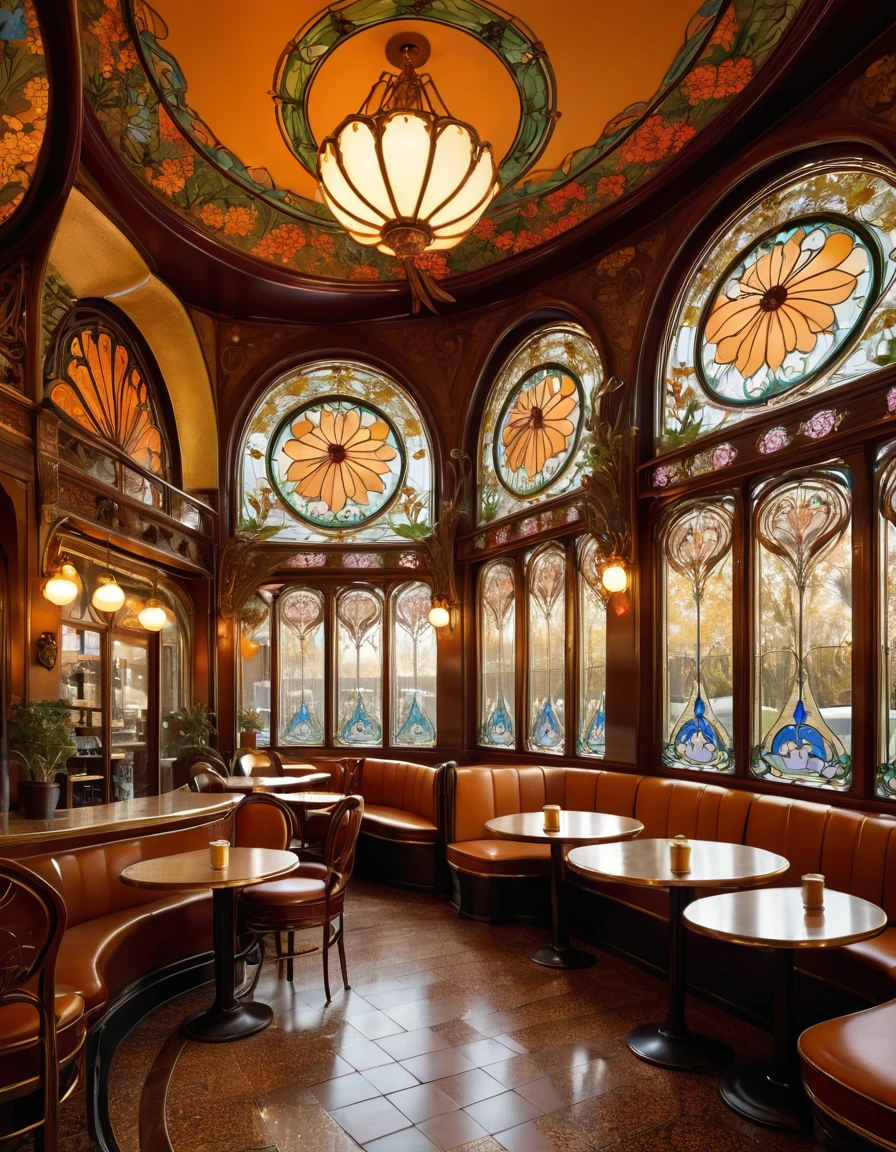 Amazing Art Nouveau cafe,A style of decorative art and architecture popular in Europe and the United States in the late 19th and early 20th centuries,Based on flower、Intricate designs and curvilinear patterns of natural shapes such as leaves,Curved furniture and architectural details,Ornate brass hardware,Stained Glass Windows,Tile Flooring,Dim Lights,Warm amber hue,Elegant decoration,Detailed Texture,Realistic photos,8k,masterpiece
