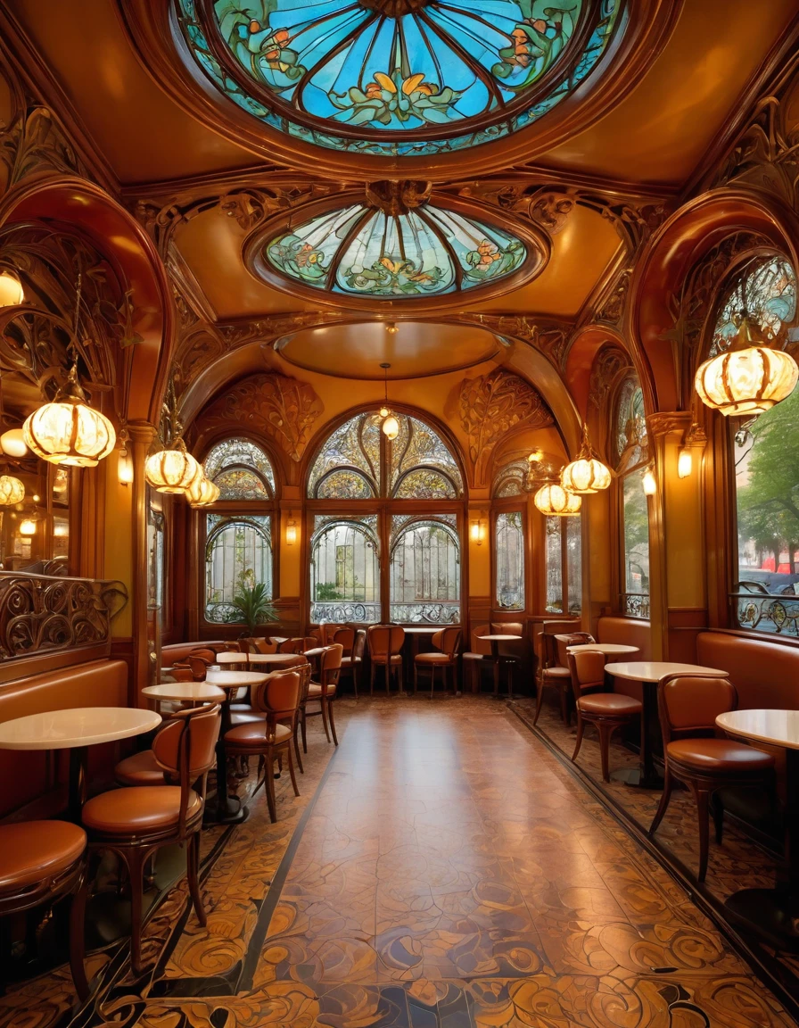 Amazing Art Nouveau cafe,A style of decorative art and architecture popular in Europe and the United States in the late 19th and early 20th centuries,Based on flower、Intricate designs and curvilinear patterns of natural shapes such as leaves,Curved furniture and architectural details,Ornate brass hardware,Stained Glass Windows,Tile Flooring,Dim Lights,Warm amber hue,Elegant decoration,Detailed Texture,Realistic photos,8k,masterpiece