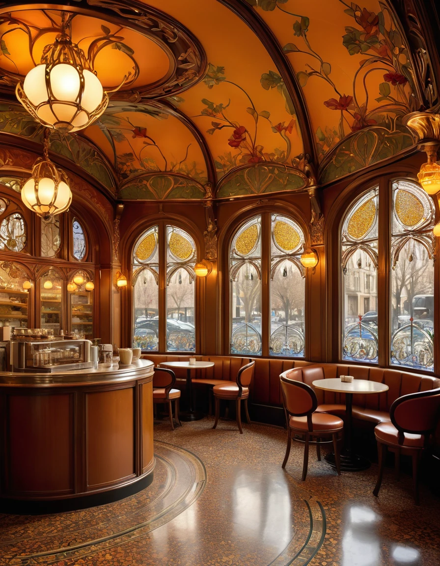 Amazing Art Nouveau cafe,A style of decorative art and architecture popular in Europe and the United States in the late 19th and early 20th centuries,Based on flower、Intricate designs and curvilinear patterns of natural shapes such as leaves,Curved furniture and architectural details,Ornate brass hardware,Stained Glass Windows,Tile Flooring,Dim Lights,Warm amber hue,Elegant decoration,Detailed Texture,Realistic photos,8k,masterpiece