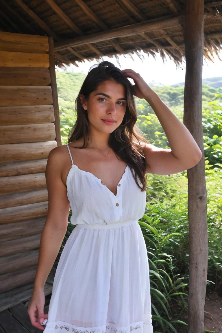 Beautiful young woman with light streaming neatly through her hair., Her summer dress was beautiful and she was standing in front of the hut.
