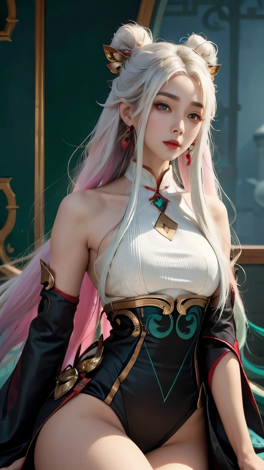 (masterpiece, best quality:1.2), intricate details, mythmaker irelia, 1girl, hair ornament, hair rings, bare shoulders, dress, detached sleeves, forehead mark, multicolored hair, white hair, earrings, green eyes, textured skin, looking at viewer, solo, light smile, (mature female:1.2),sexy pose