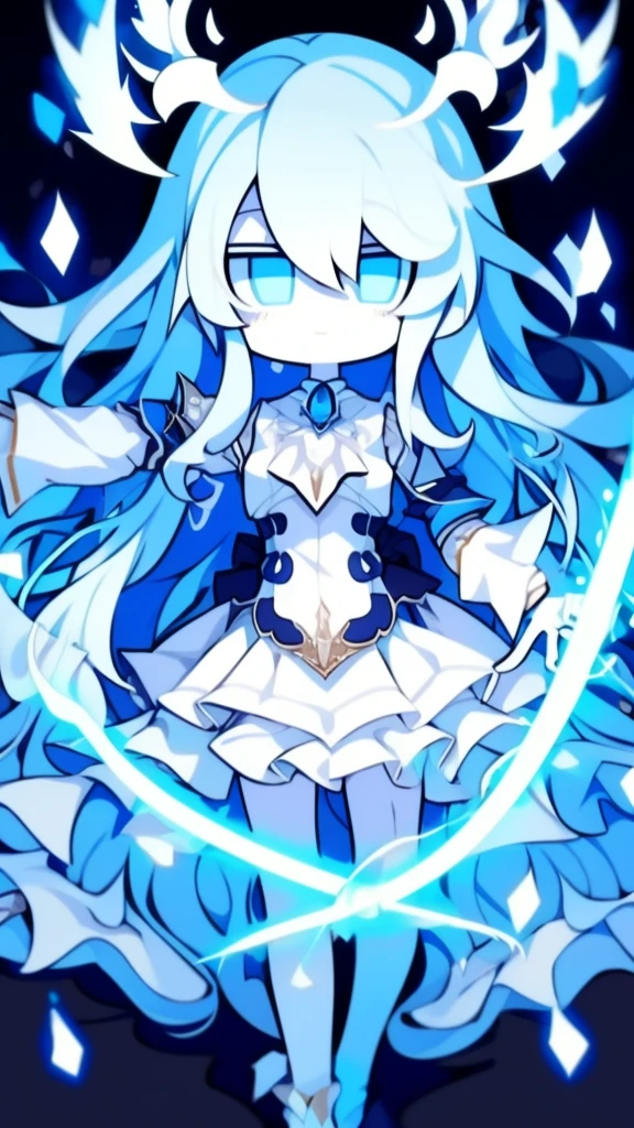  girl，k hd，4K，face expressionless，style of anime，sideface，blue color eyes，white color hair,((full body)),Confused eyes,(default character)SD character, masterpiece,best quality,ultra detailed,4K,super fine illustration,highly detailed beautiful face and eyes,cyan color scheme, lighting,fantasy,extremely solemn atmosphere,long hair,floating hair,smirk,fighting stance,dynamic pose,(holding glowing sword:1.3),particle light,luminescence,plasma,electric current,blue flame,sense of depth,dynamic angle,