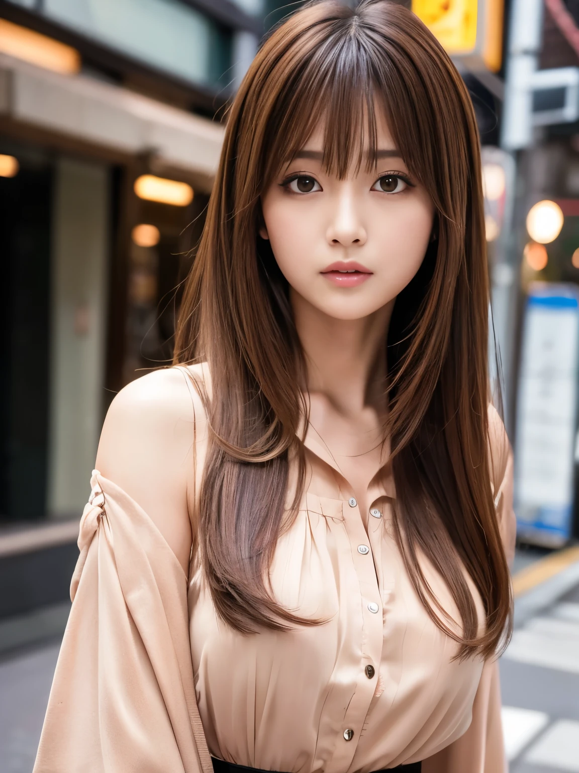 Ultra High Definition, Superior Quality, Premier Quality, ultra detailed, Photorealistic, 8k, RAW Photos, highest quality, masterpiece, Attractive girl, Stunning girl, Brown Hair, Shoulder Length Layered, asymmetrical bangs, Japanese Idol, Sophisticated, Stylish, embarrassed, blouse, Shibuya, 