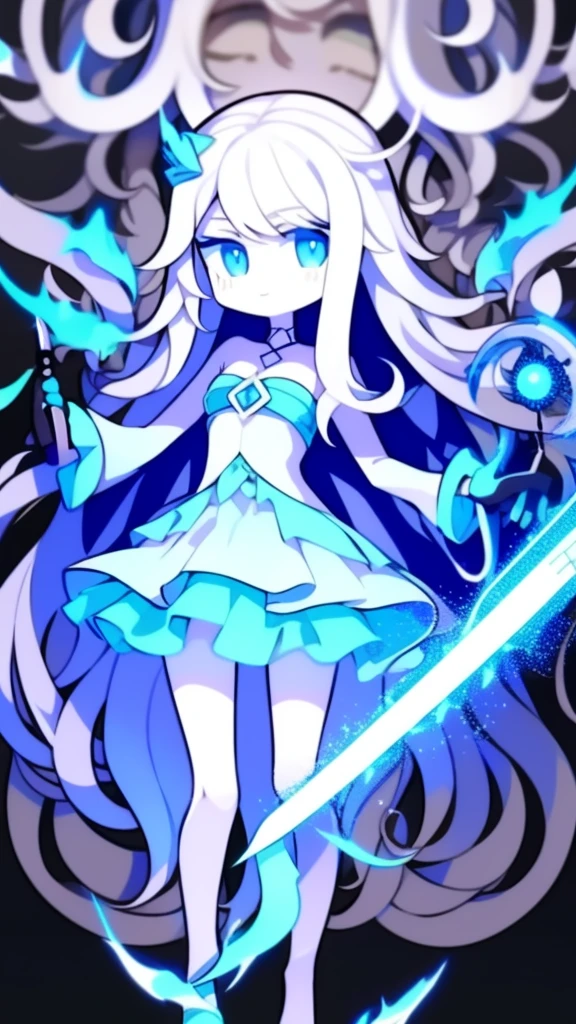  girl，k hd，4K，face expressionless，style of anime，sideface，blue color eyes，white color hair,((full body)),Confused eyes,(default character)SD character, masterpiece,best quality,ultra detailed,4K,super fine illustration,highly detailed beautiful face and eyes,cyan color scheme, lighting,fantasy,extremely solemn atmosphere,long hair,floating hair,smirk,fighting stance,dynamic pose,(holding glowing sword:1.3),particle light,luminescence,plasma,electric current,blue flame,sense of depth,dynamic angle,