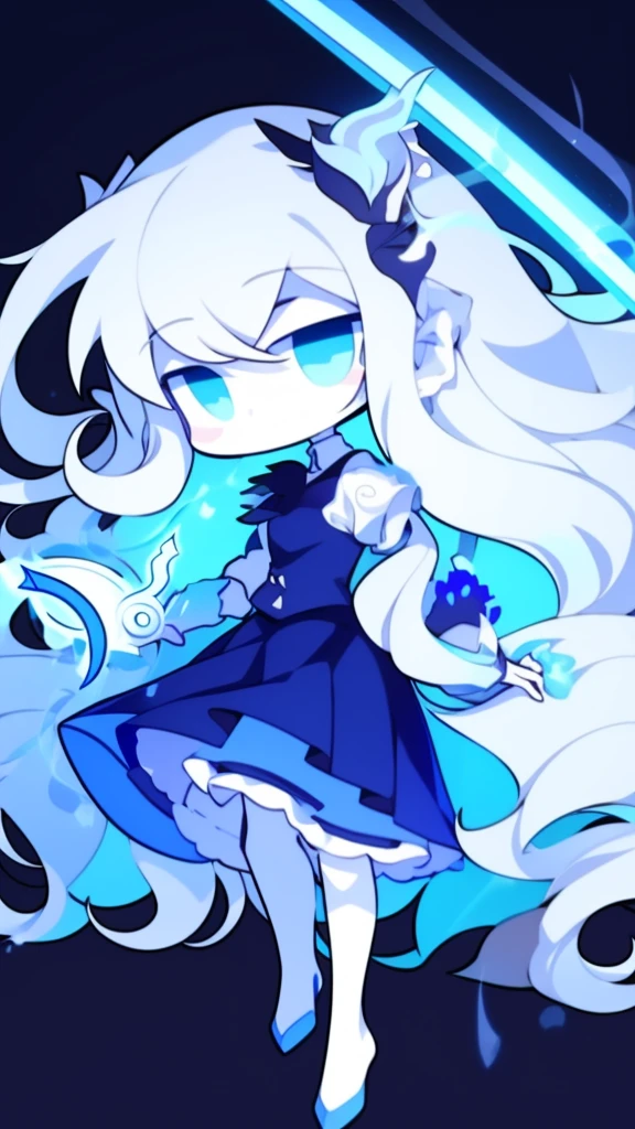 girl,k hd,4K,face expressionless,style of anime,sideface,blue color eyes,white color hair,((full body)),Confused eyes,(default character)SD character, masterpiece,best quality,ultra detailed,4K,super fine illustration,highly detailed beautiful face and eyes,cyan color scheme, lighting,fantasy,extremely solemn atmosphere,long hair,floating hair,smirk,fighting stance,dynamic pose,(holding glowing sword:1.3),particle light,luminescence,plasma,electric current,blue flame,sense of depth,dynamic angle,