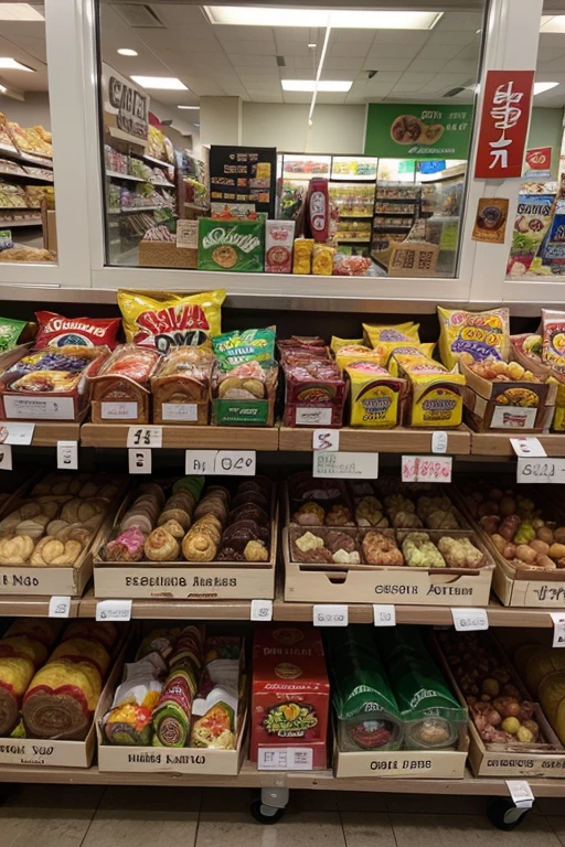 Grocery store window with Indonesian snacks products