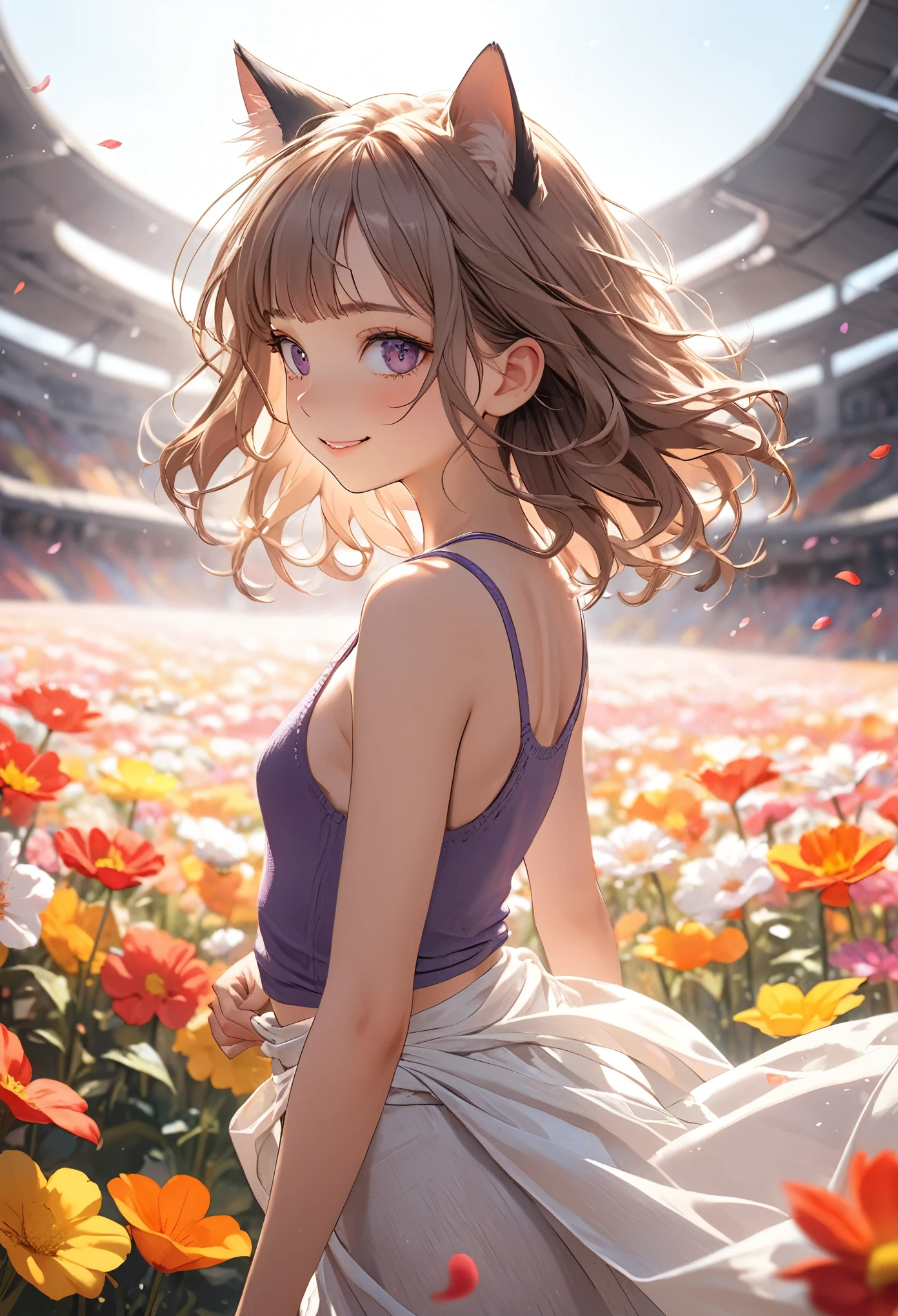 ((Masterpiece)), ((best quality)), (Anime:1.4), (super detail:1.2), (High Definition:1.3), (Professional Photography:1.3), (wide shot), (sharp focus), (perfect light), (()), 1girl, profile, cinematic lighting, Textured skin, (cat ears), pale brown hair, messy medium hair, Cute Beautiful teenage girl, (Healthy slim body), (Knit fabric tank top:1.3), no bra, (exposed neck), slendar body, small breast, ((two-tone hair)), (loose blunt bangs), (shaggy hair), ((Wearing long sarong skirt)), (long eyelashes), naughty smile, blush, (Purple Unfocused eyes), beautiful collarbones, (slightly exposed cute thigh), BREAK, ((best quality)), (super detail), ((pinch the skirt with hand)), (Beautiful colorful flower fields), dancing petals,