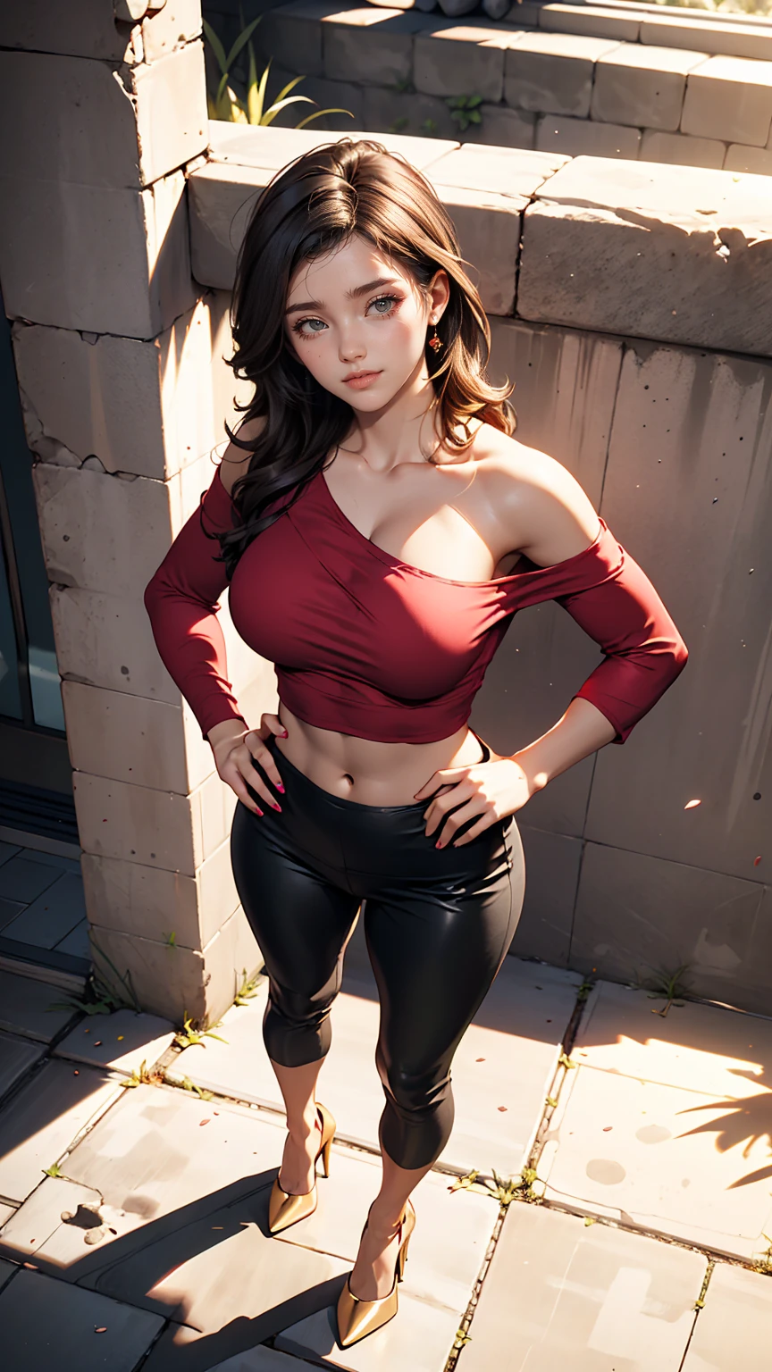 24-year-old female、long hair、Hair becomes wavy、Sexy proportions、Wear a one-shoulder top、Wear low rise leggings、Wear stiletto heels、smile、Place your hands on your hips、Old concrete wall background、sunlight from directly above