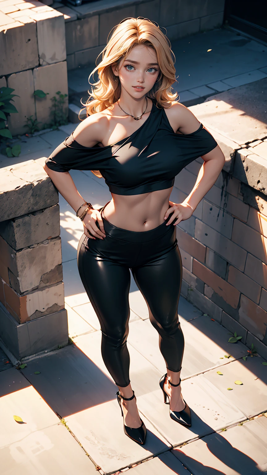 24-year-old female、long hair、Hair becomes wavy、Sexy proportions、Wear a one-shoulder top、Wear low rise leggings、Wear stiletto heels、smile、Place your hands on your hips、Old concrete wall background、sunlight from directly above