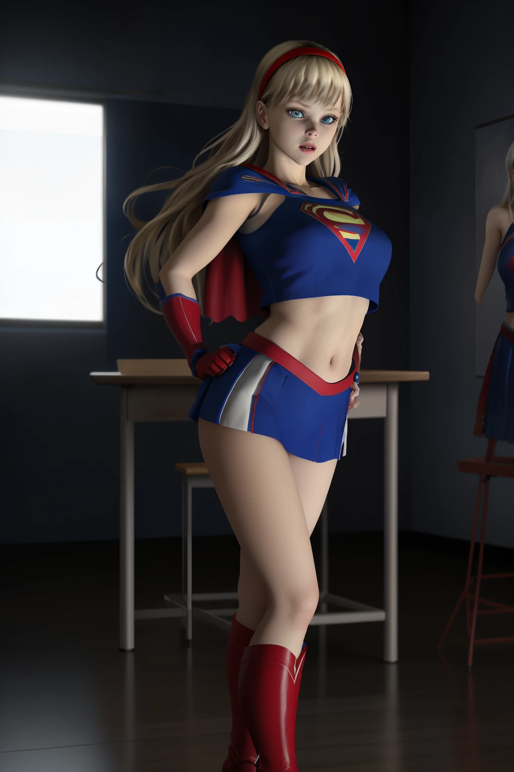 sexy supergirl、Long blonde hair and blue eyes, Black hair band, White crop top, Short sleeve, Red Cape, Blue pencil skirt, Red Boots, White gloves、Japan adult female, , Roll-up style, , Photo Studio Background, Portraiture, snap shot, masterpiece, high quality, high quality, 8k, Best image quality,