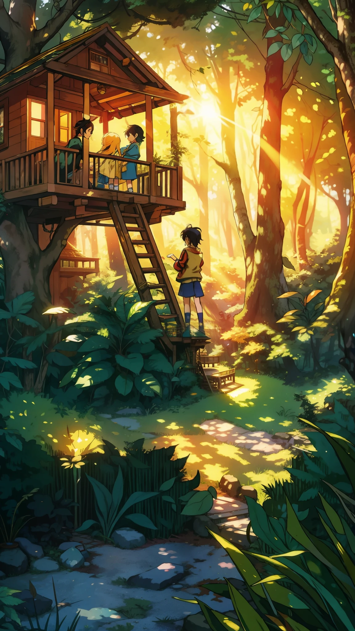 thin outlines, anime style, cool and edgy, A nostalgic scene of adolescents playing in a treehouse in a lush forest, the golden afternoon sunlight filtering through the leaves, creating a magical and joyful ambiance. Whimsical, warm lighting, high detail, nostalgic, fashionable, posing, colorful, confident, expression, accessory, coiled, around, stylish, striking, modern, fashion