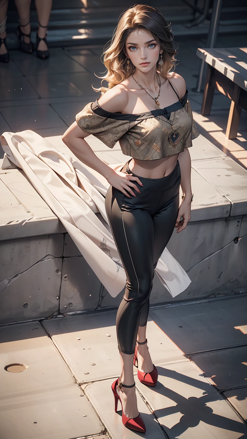 24-year-old female、long hair、Hair becomes wavy、Sexy proportions、Wear a one-shoulder top、Wear low rise leggings、Wear stiletto heels、smile、Place your hands on your hips、Old concrete wall background、sunlight from directly above