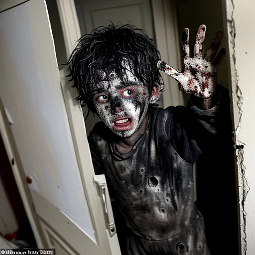 Scary  Distorted face with bloody clothes holding a torn doll In the dark . standing in the corner