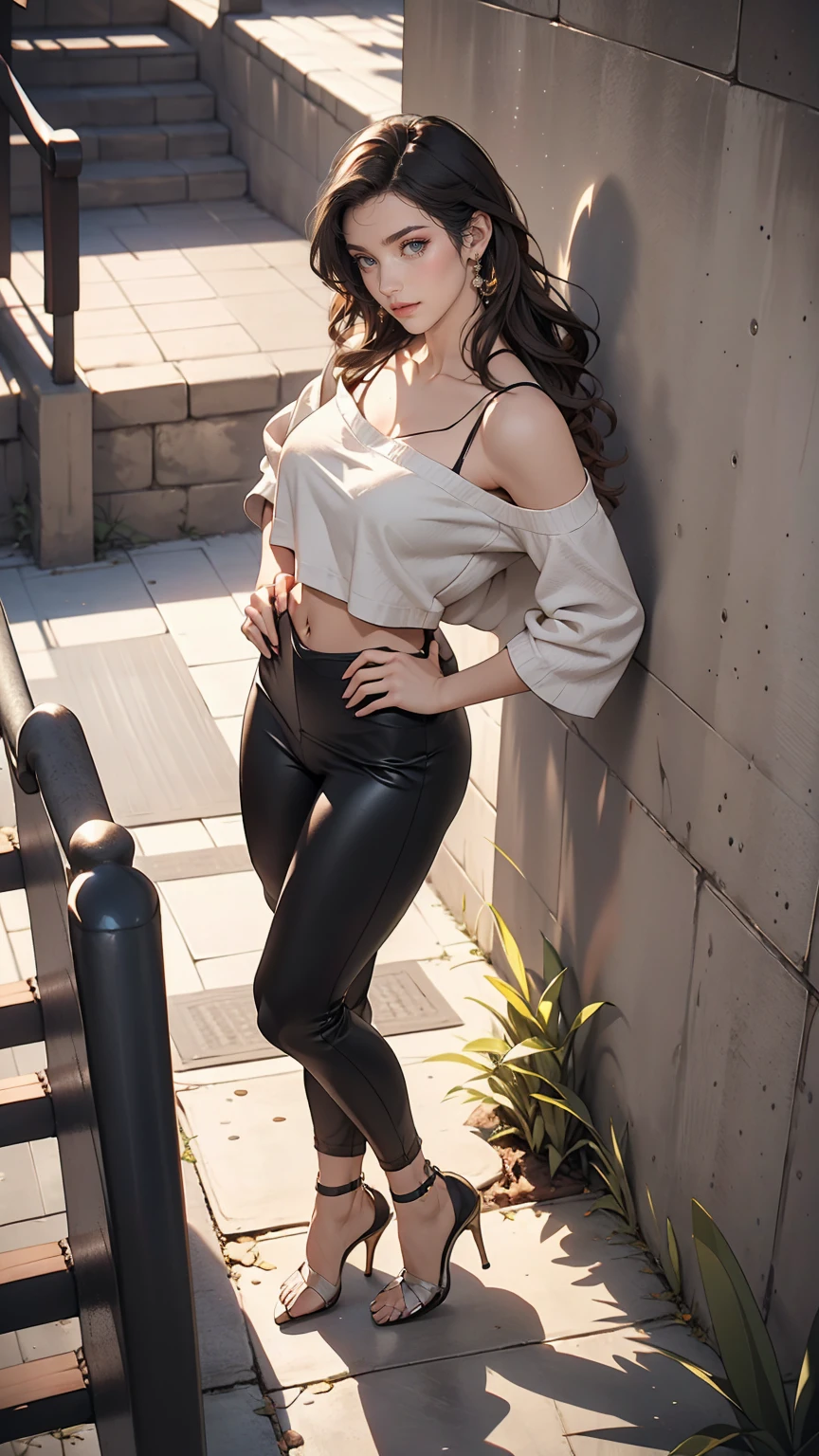 24-year-old female、long hair、Hair becomes wavy、Sexy proportions、Wear a one-shoulder top、Wear low rise leggings、Wear stiletto heels、smile、Place your hands on your hips、Old concrete wall background、sunlight from directly above