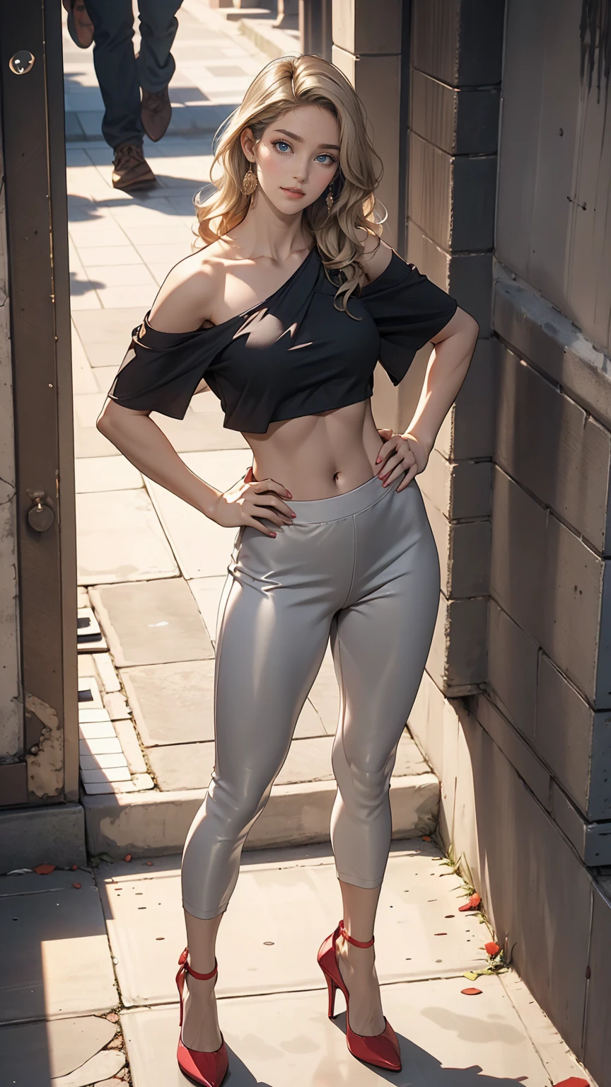 24-year-old female、long hair、Hair becomes wavy、Sexy proportions、Wear a one-shoulder top、Wear low rise leggings、Wear stiletto heels、smile、Place your hands on your hips、Old concrete wall background、sunlight from directly above