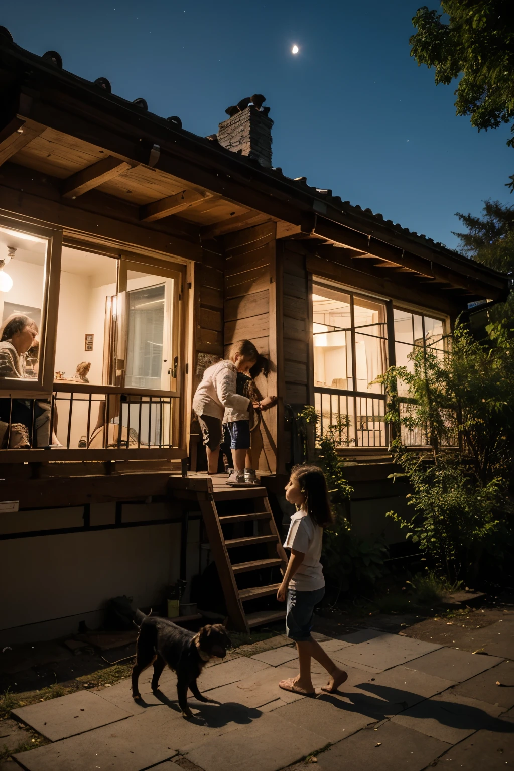 Children playing with each other, in a place with trees, old houses, two dogs playing and grandparents at the window of the house at night and with a clear sky.