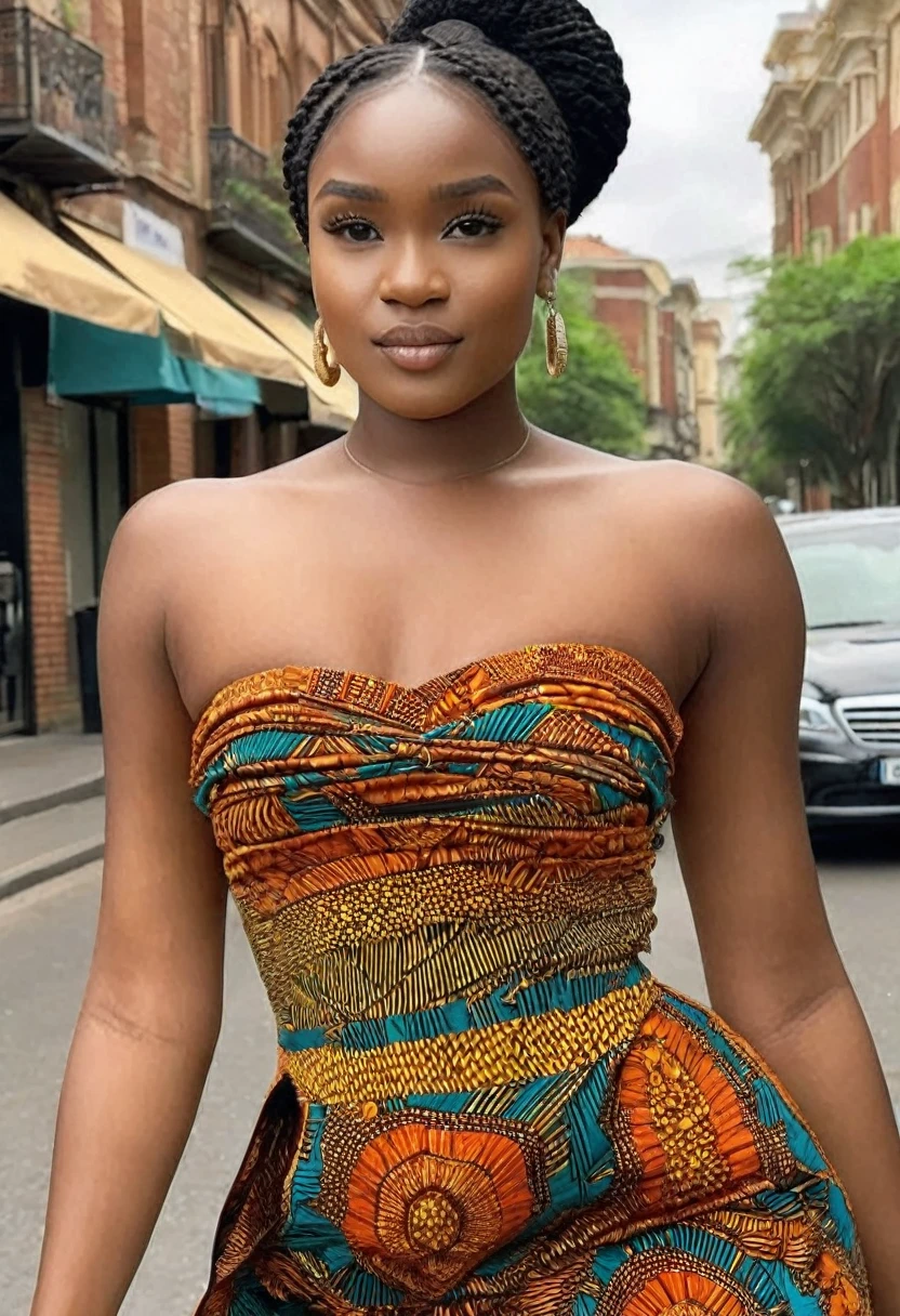 (high quality:1.5), (8k), (extremely detailed), (High detail:1.2), (art of work), Solo, 24 year old African female, (in street), (dress strapless),