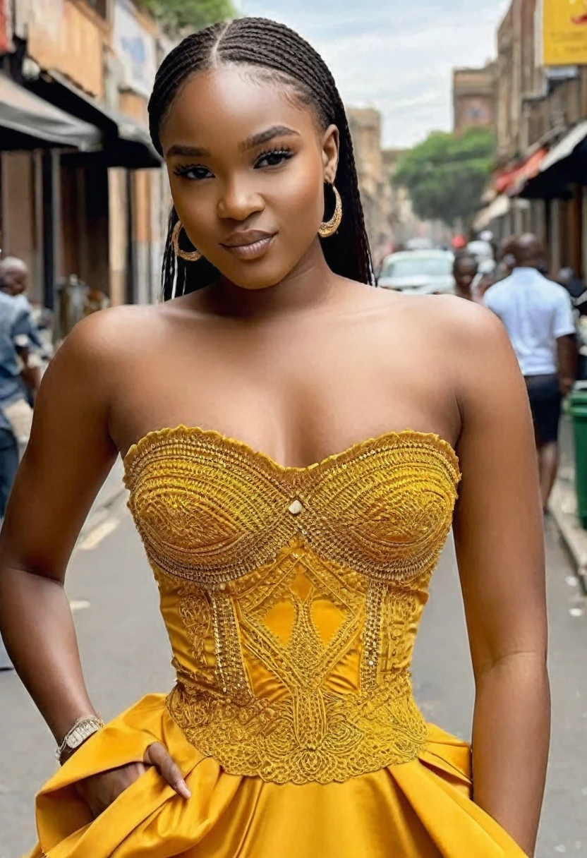 (high quality:1.5), (8k), (extremely detailed), (High detail:1.2), (art of work), Solo, 24 year old African female, (in street), (dress strapless),
