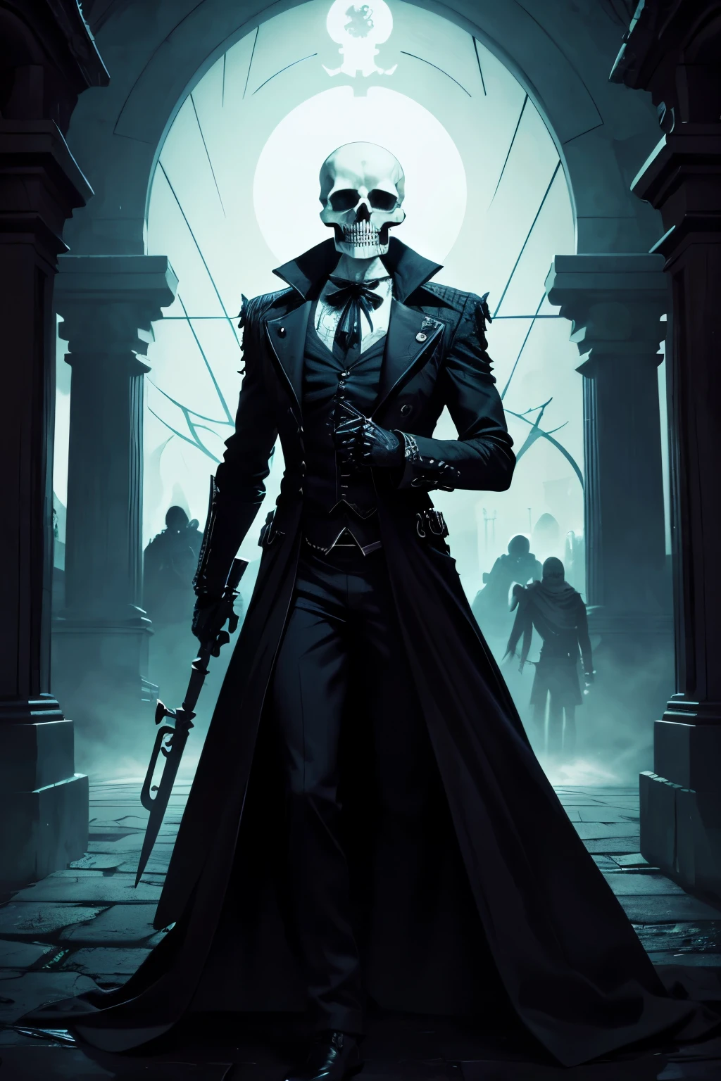 Imagine a dark and mysterious scene where a skeleton stands out. He is draped in an elegant black suit with slender red details, fitted perfectly to his skeleton, giving him an intriguing and formal appearance. The dark fabric contrasts with the white bones, highlighting each joint and bone structure. His fleshless skull is clearly visible, with deep shadows in the eye sockets, imparting an air of mystery to his figure. Its empty eyes glow with an otherworldly light, an ethereal glow that seems to pulse with a sinister energy. The void where the eyes should be conveys a feeling of desolation and power at the same time. In the background, a dark scene unfolds, with twisted trees and dry leaves scattered across the ground, as if nature itself were dead. The faint moonlight shines through the dense clouds, casting a pale, cold glow over the scene. The dim lighting only adds to the sense of unease, slightly highlighting the skeletal figure and making its presence even more menacing. This image depicts an enigmatic and skilled skeleton, dressed in an elegant and frightening suit. His sinister figure and shadowy presence convey a sense of imminent danger, while his empty eyes reveal a deep, disturbing abyss. Please create a work of art that captures the essence of this description, using your imagination to enhance the haunting atmosphere and tension of the scene.