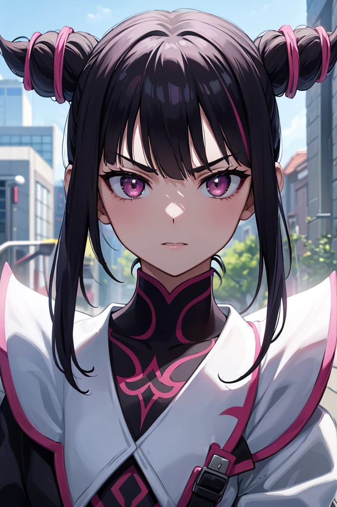 Juri Han, Lutador de rua(parte mestre, melhor qualidade, ultra-detalhado, Melhor sombra), (Antecedentes detalhados, Olhando para o Viewer, serious, irritado), Rosto detalhado, (better lighting), ((cinematic light)), colorido, hiper detalhe, dramatic light, detalhes intrincados