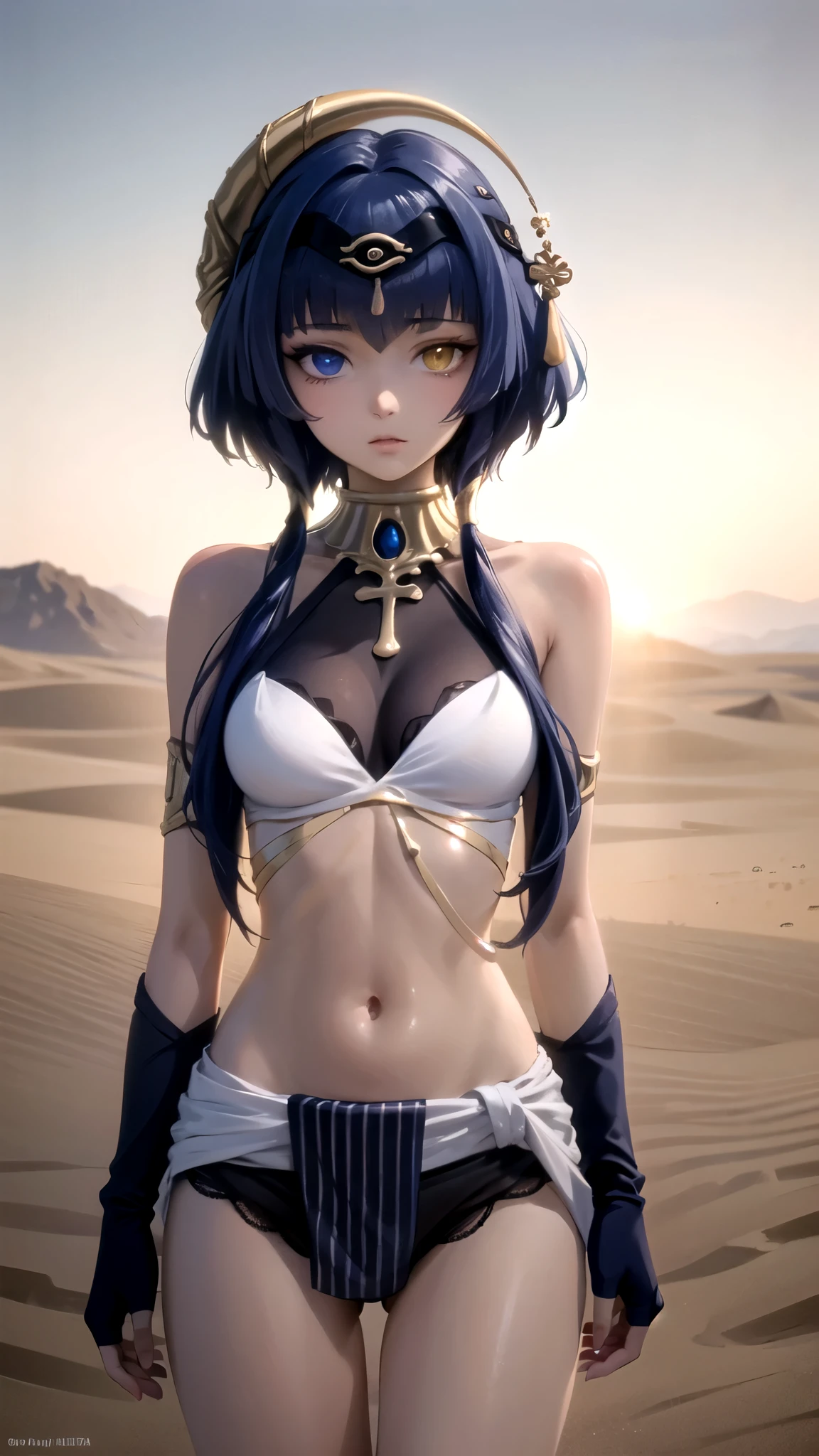 (High Detail:1.2) Anime Girl, (Cinematic Lighting, Delicate Colors), (Desert:1.2), Lighting Calm, Wind, Fog. Turquoise, delta tones.