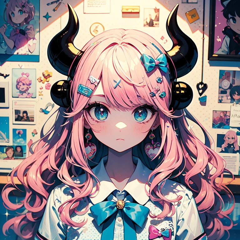 masterpiece, highest quality, Very detailed, Beautiful Shadows, Cinema Lighting, Studio Light, cute, Wavy Hair, Big eyes, Flower pattern in pupil, Pupil shape , cute polka dot pattern on bows, Plaid, Pastel blue and pink hair,Sparkling eyes,Wearing a white and blue maid outfit,pure white cute girl,whole body, Full Shot, Horn, Retro, Valletta, Decora, Rich accessories, mascot