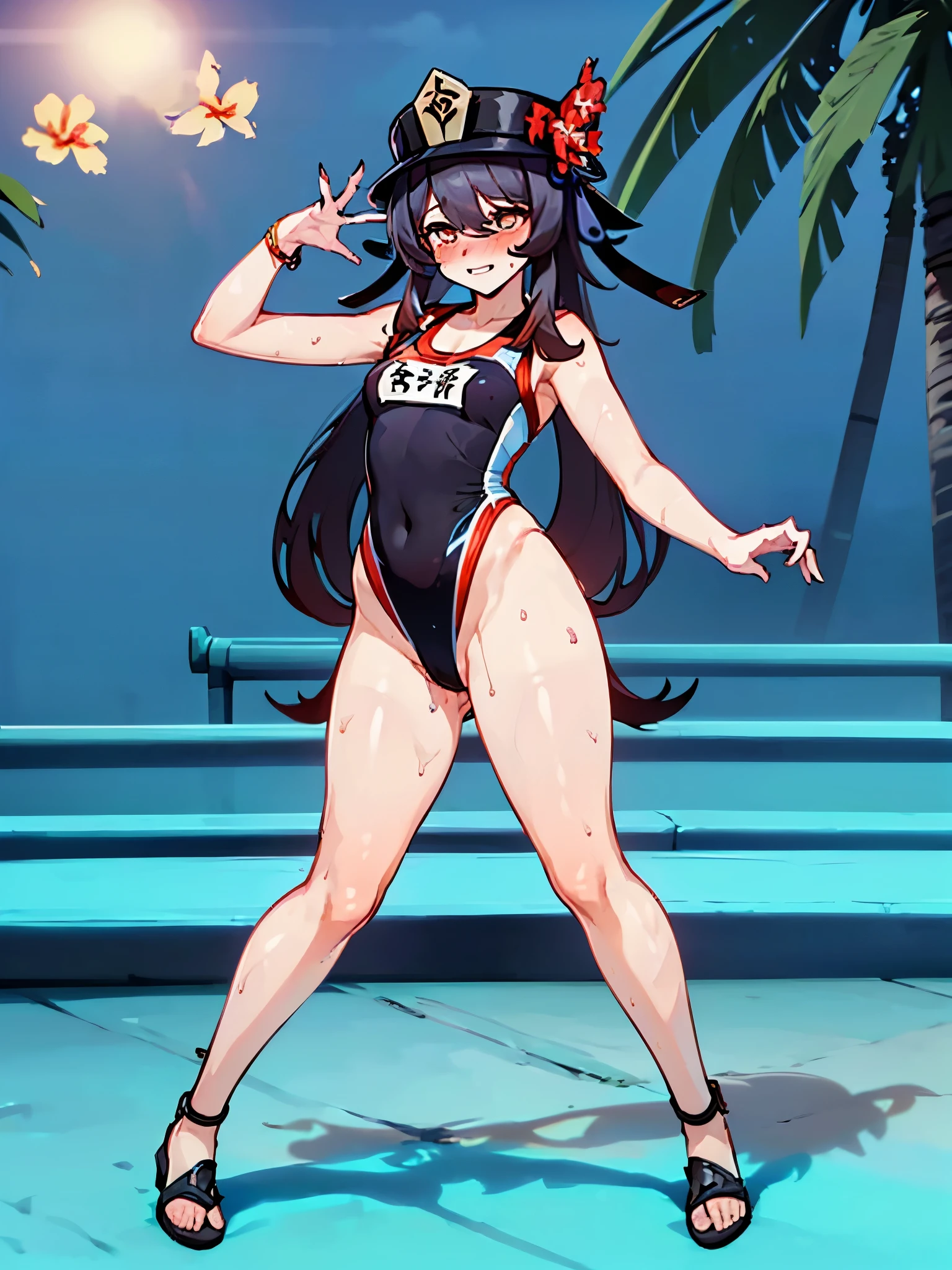 NSFW,hutao\(genshin\),(Sexy Swimwear:1.8),(Perfect hands),(Perfect Anatomy),(masterpiece),(highest quality),(Embarrassed:1.5),blush,Feeling embarrassed,Lift your butt,Leg spread,Sandy Beach,Palm tree,Rock Shade,One man,Man standing behind
