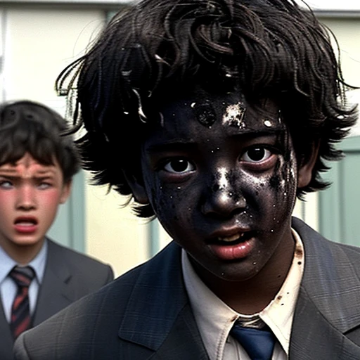 Close-up of a boy coming out of a classroom covered in soot after a bomb explodes during the filming of a comedy movie