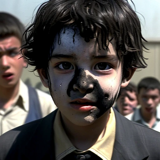 Close-up of a boy coming out of a classroom covered in soot after a bomb explodes during the filming of a comedy movie