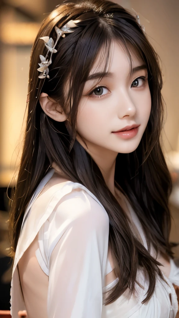 best quality, masterpiece, Ultra-high resolution, lifelike, (panoramic:1.5), (1 girl),(long hair),(Hair accessories:1.4),女孩的身边有一座古老的宫殿whole body黑丝,Black Focus, Good shape, whole body，Random Pose Reference, Single eyelid eyes, High nose bridge、Pointed nose, V-Shaped Face, Pale skin, Smile, Bokeh